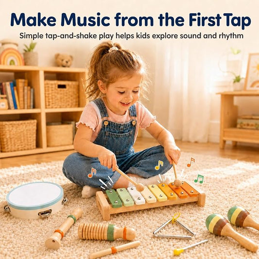 Wooden Musical Instruments, 12-Piece Montessori Percussion Set for Kids 3+ | No batteries required, combining melody, rhythm and varied sounds through open-ended exploration