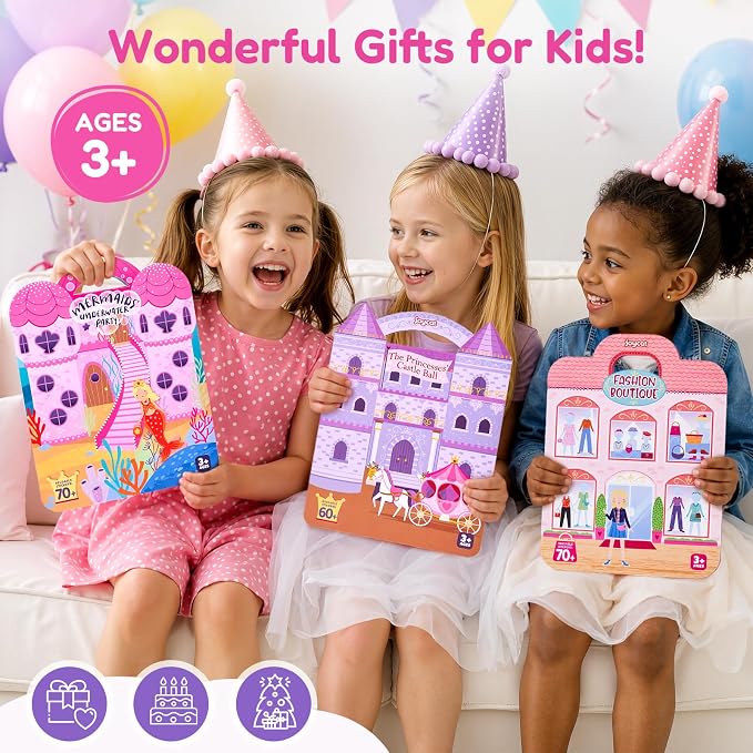 JoyCat Reusable Dress-Up Sticker Books, 3-Pack, Princess Mermaid Fashion | 200+ washable stickers, kids car activities, toddler creative play, preschool travel toy, birthday gift for 4 year old girls