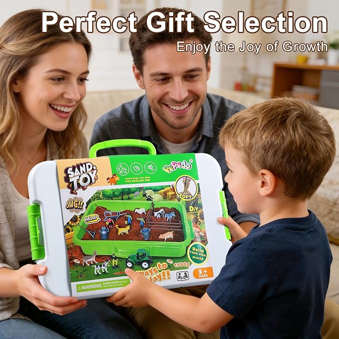 Farm Sensory Bin, 3.3lbs Magic Sand, Farm Play Sand Kit Toy for Kids | Farm Sensory Sand Kit with 8 Farm Animals, 4 Farmers, Fence, Toy Truck, Tools, Birthday Gift for Boys Girls Ages 3+