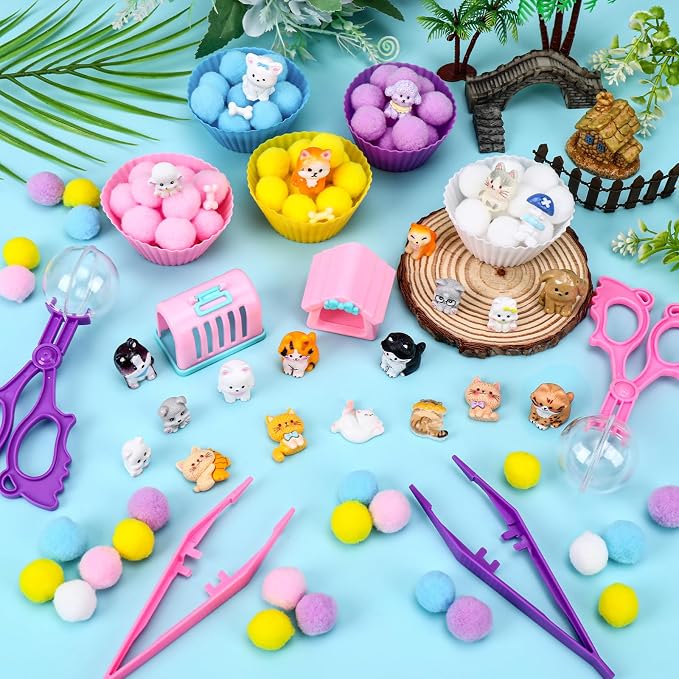240Pcs Pet Sensory Bin Fillers -Pet Fine Motor Sensory Bin with Pom Poms Dog Cat Resin Cups Tweezers for Counting Sorting Training