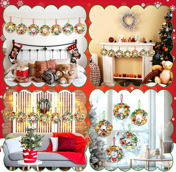 Hollowfly 48 Sets Christmas Wreath Craft Kits with Stickers | 8 Santa, Elk and Penguin Designs, 7.09 in Paper Hanging Ornaments for Christmas Parties and Classroom Activities