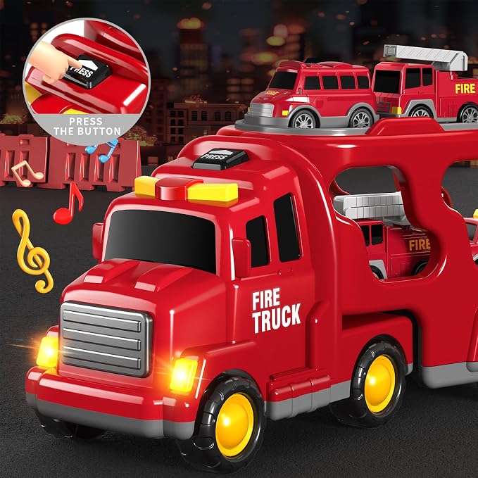 Beby Buty 7 in 1 Fire Trucks Cars Toys for Toddlers 3-5, Boy Toddler Car Truck Toys with Light Sound, Birthday Gifts Toys for 3 4 5 6 Year Old Boy