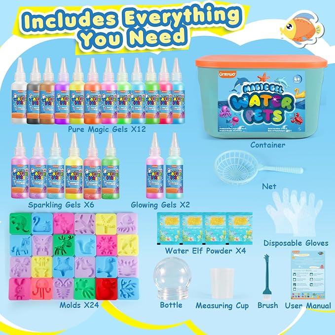 URMYWO Magic Water Elf Toy Kit, Aqua Fairy Gel Kit, DIY Squishy Maker Set | 20 Gels & 24 Molds,Make Your Own Squishies,Water Pets with Glow,Glitter Gels,Creative Sensory Craft Gift for Kids Ages 4+