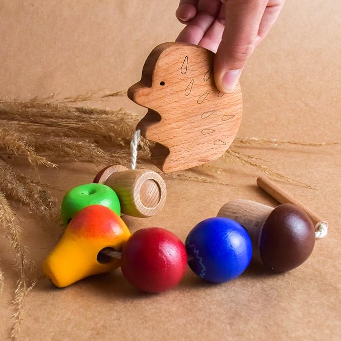 Wooden Lacing Toy Hedgehog, Montessori Baby Materials Educational Learning for Kids, Children Early Development, Unique Handmade First Birthday Gift for Boys and Girls
