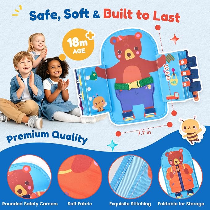 JoyCat Dressing Busy Book for Toddlers 2-4,Montessori Travel Toys | Seven real dressing activities provide buckle, zipper, button and tying practice in a portable travel busy book