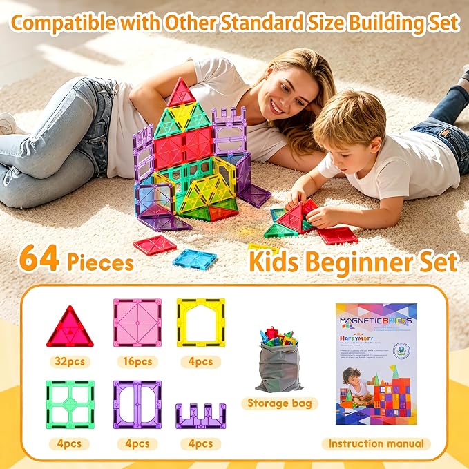 Antibacterial Magnetic Tiles, 64PCS 3D STEM Building Blocks Set | Bacteria Resistant, EPA-registered, Toddler-Safe, Strong Magnets, Preschool Education Construction Toy, Clean Play for Kids