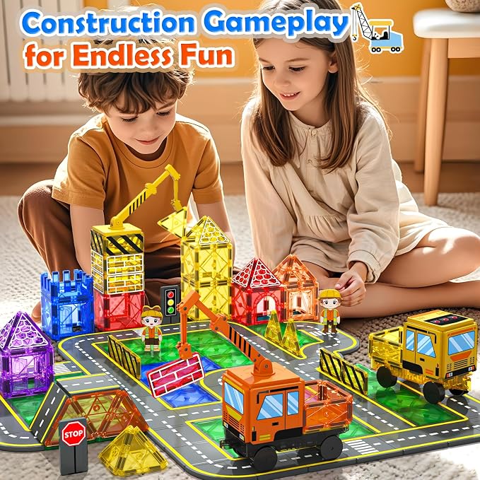 Soyee 102 PCS Magnetic Tiles with 2 Cars & 2 Cranes | Magnet Construction Building Kids Toys for Creative Play and STEM Learning Boys Toys & Gifts for 3-12