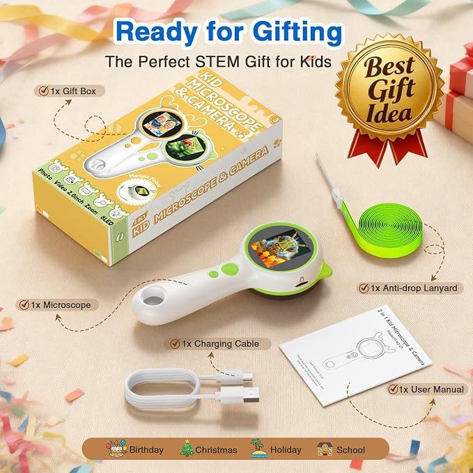 Kids Microscope Green Bear - Digital Handheld STEM Kit & 1080P Camera (600x Zoom) - Portable Science Toy for Nature Observation & Forest Hiking - Gift for Boys & Girls Age 5-12