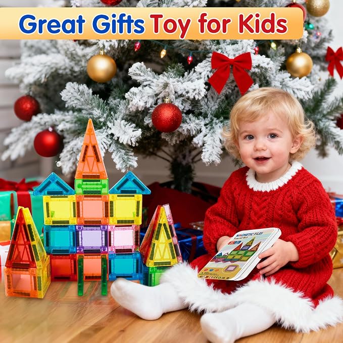 48PCS Mini Magnetic Tiles Travel Set 3+ Years | Kids Magnetic Building Blocks with Iron Box | STEM Educational Sensory Toys | Preschool & On-The-Go Games | Christmas Birthday Gift