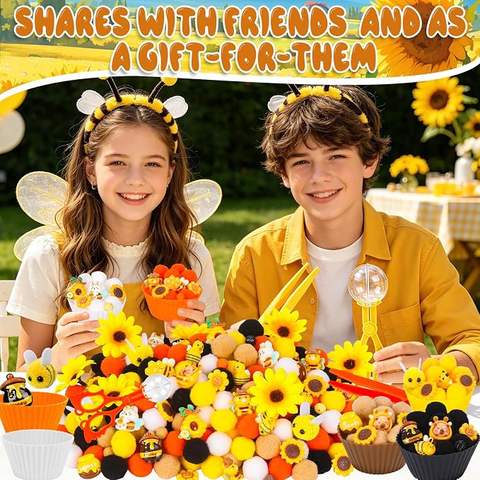282PCS Bee Sensory Bin Filler Spring Summer Bee Fine Motor Sensory Bin Items Includes Pom Poms Sunflower Bee Honeycomb Resin for Counting Sorting Training