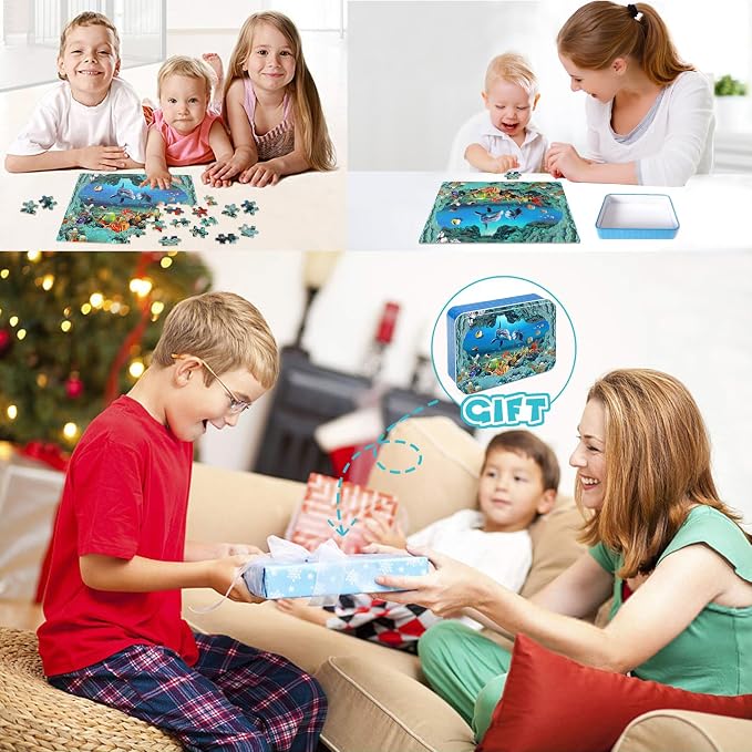 LELEMON Underwater World Puzzles for Kids Ages 4-8,100 Piece Ocean Dolphins Fishes Jigsaw Puzzle for Children,Learning Educational Toys for Boys and Girls