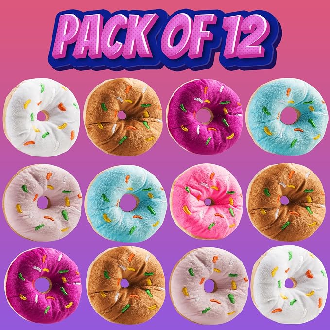 Plush Donut Toys with Sprinkles (12-Pack) Stuffed Donut Party Favors | Soft Stuffed Donuts for Donut Party Supplies, Birthday Decorations, Stocking Stuffers, Kids Party Favors & Classroom Rewards