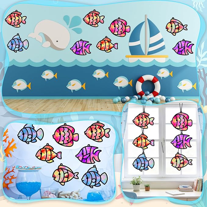 Qyeahkj 36 Set Under The Sea Fish Suncatcher Crafts for DIY Tropical Fish Window Tissue Paper Crafts Kit Summer Suncatcher Hanging Decor for Summer Home Activity Art Project Birthday Party Favor Gift