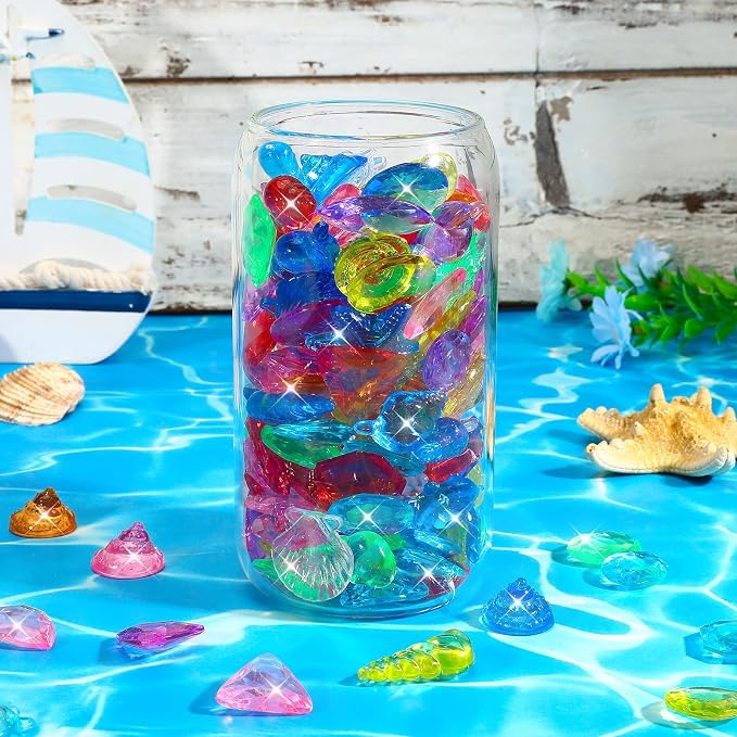 150 Pcs Diving Gems Pool Toys Acrylic Diamond Pirate Treasure | Colorful Plastic Gemstones, Fake Jewels with Burlap Bag, Vase Filler, Summer Mermaid Bath Toys, Beach Underwater Party Games