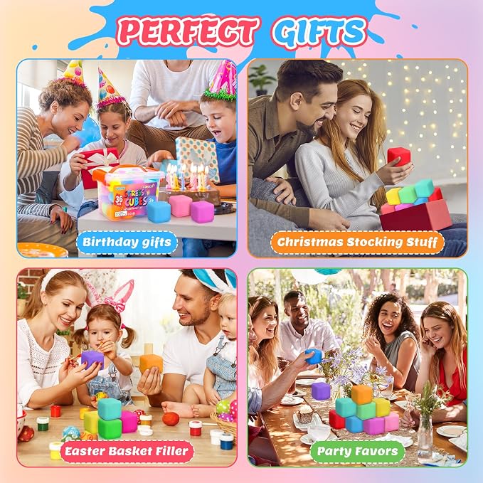 VISCOO 36 Pack Slow Rising Stress Cube, Stress Balls Fidget Squishy Toys | Squeeze Toy for Anxiety Relief, Pull Stretch Squishy Ball for Classroom Prize, Party Favors for Kids Adults