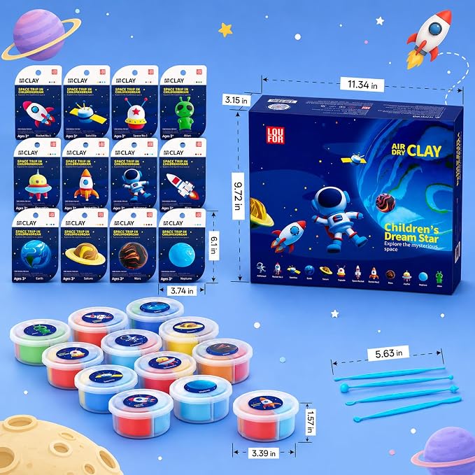 Air Dry Clay Kit -12 Space Theme Modeling Clay for Kids Arts and Crafts | Ultra Light & Soft,Safe & Non-Toxic,No-Sticky & Crack,DIY Molding Clay with Sculpting Tools,Party Favors Gifts for Girls Boys
