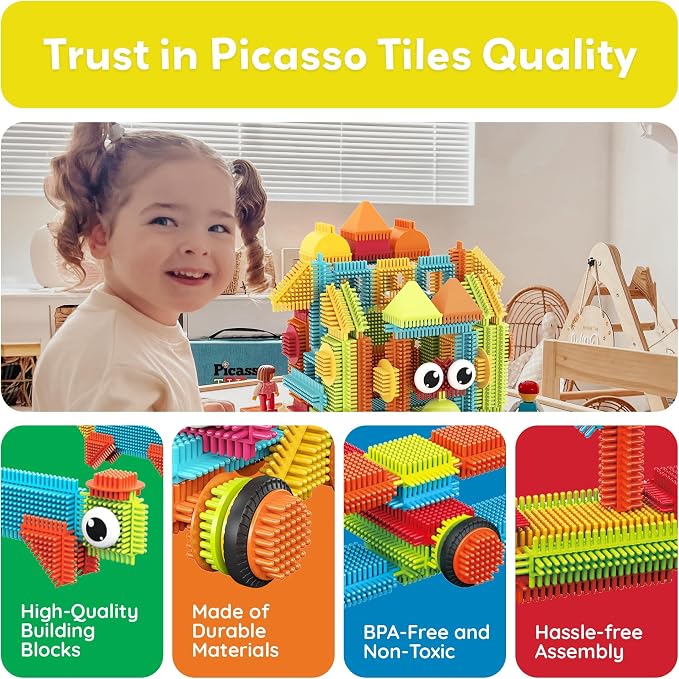 PicassoTiles 120pcs Hedgehog Interlocking Building Blocks Tiles Construction Toy Set Learning Playset STEAM Development Preschool Kindergarten Toy for Kids Age3+ PTB120 | Soft rubbery texture, easy-connect forms, BPA-free & lead-safe material, 20+ 3D d...