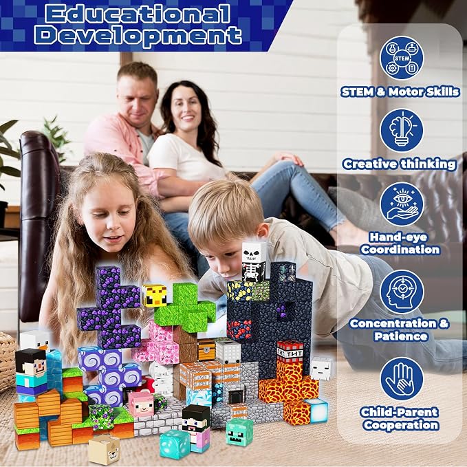 Magneverse 150 PCS 0.8in Magnetic Blocks - Magnet Toys, Magnetic Building Blocks Cubes, Stacking Magnets, School STEM Toys Birthday Gifts for Boys and Girls Age 3+ Years Old (Theme: Adventure World)