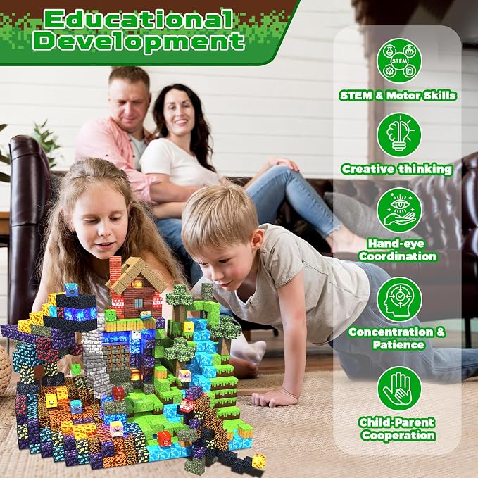 Magnetic Blocks - 150 PCS Dinosaur Volcano Forest Castle Set with Light Up Blocks - Kids Classroom Sensory Toy for Toddlers STEM, Construction Stacking Toy Kids 3+ Boys Easter Basket Stuffers