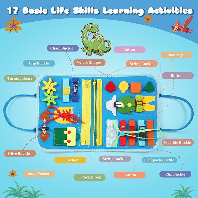Quiet Flower Busy Board Montessori Toys - Sensory Busy Book for Early Learning, Dinosaur Educational Activity for Fine Motor Skills, Airplane Car Travel Toy Gifts for Boys Girls