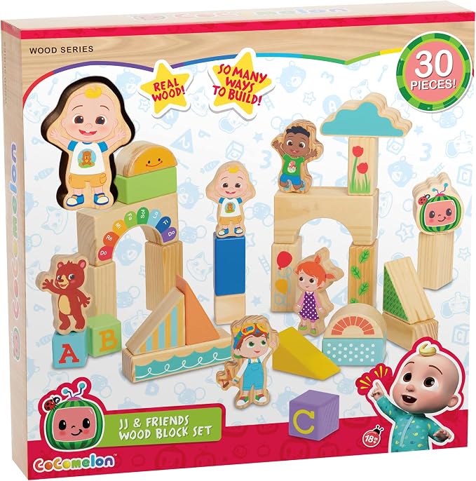 CoComelon JJ & Friends Wood Block Set, 30-Pieces, Recycled Wood, Officially Licensed Kids Toys for Ages 18 Month by Just Play