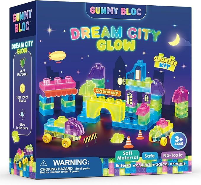 57PCS Soft Glow in The Dark Building Blocks for Toddlers, Dream City | Preschool Educational Creative Play, Montessori Squeezable, Stretchable Early Learning Construction Playset, Puzzle Blocks