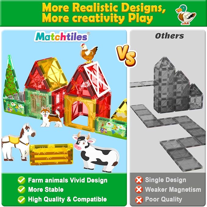 Magnetic Tiles Farm Animals Set, Immersive Storytelling Building Blocks for Toddlers 3-5, 3D Farm House STEM Toys with UV-Printed Realistic Animals, Compatible with All Major Brands