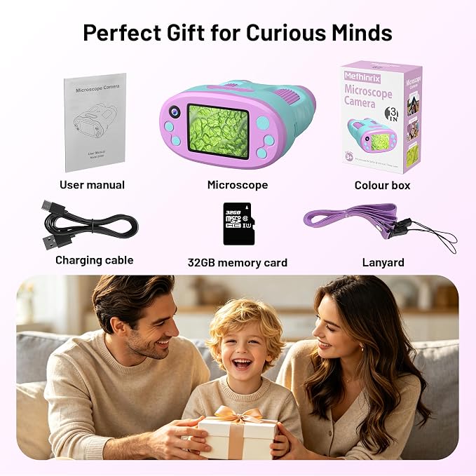 1000X Handheld Microscope for Kids 2.0" Screen 32GB Card Included | Rechargeable 3 in 1 Pocket Digital Kids Microscopes with Camera & Selfie Lens, Edu Science Kits for Kids 4-6 8-12 Purple