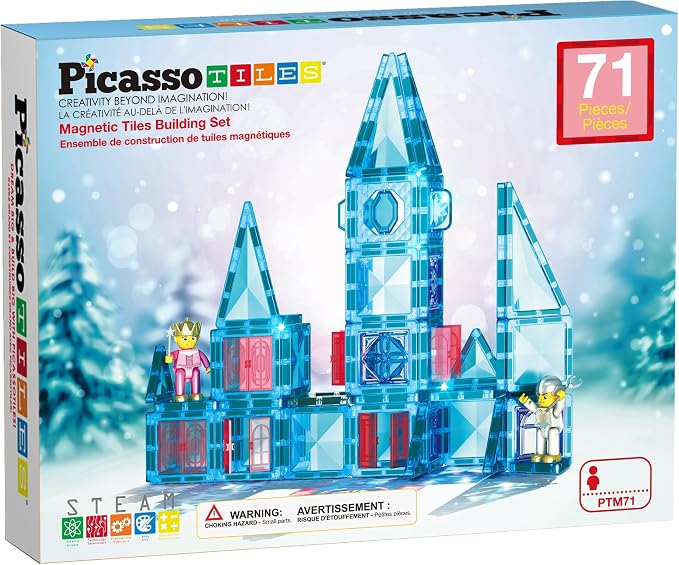 PicassoTiles 71pc Mini Diamond Series Winter Ice Theme Magnetic Tile Building Blocks 2 Character Action Figures Travel Size On-the-Go Magnet Construction Toy Set STEM Development Kit Ages 3+ PTM71