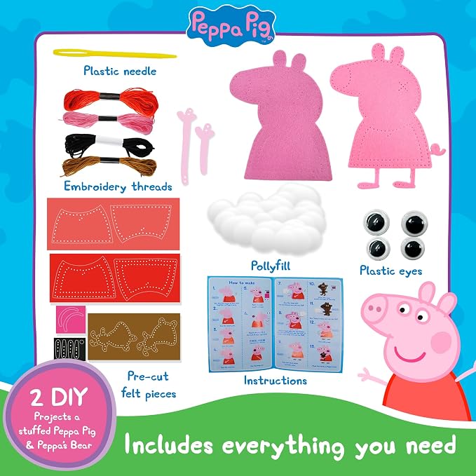 My First Sewing Kit for Kids โ Peppa Pig Beginner Kids Easy DIY Projects Peppa Pig & Peppa's Bear, Complete Arts & Crafts Set with Instructions & Felt โ Girls, Boys Learning to Sew & Embroider