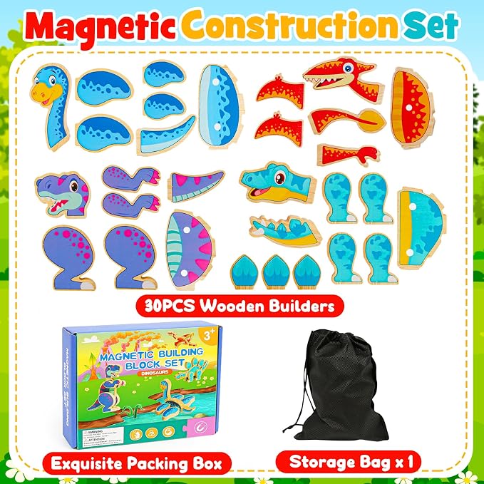 Dinosaur Toys for Kids 3-5,Wooden Magnetic Dino Take Apart Building Blocks Toys for Fine Motor Skills & Creative Play,Easter Basket Stuffers Gifts for Boys Girls