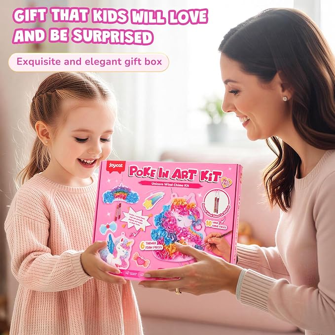 JoyCat Poke Art Wind Chime Craft Kit for Kids, 6 Magical Figures | Poke colorful fabric into 6 magical figures, then add chime pieces to create hanging room decor with gentle sound.