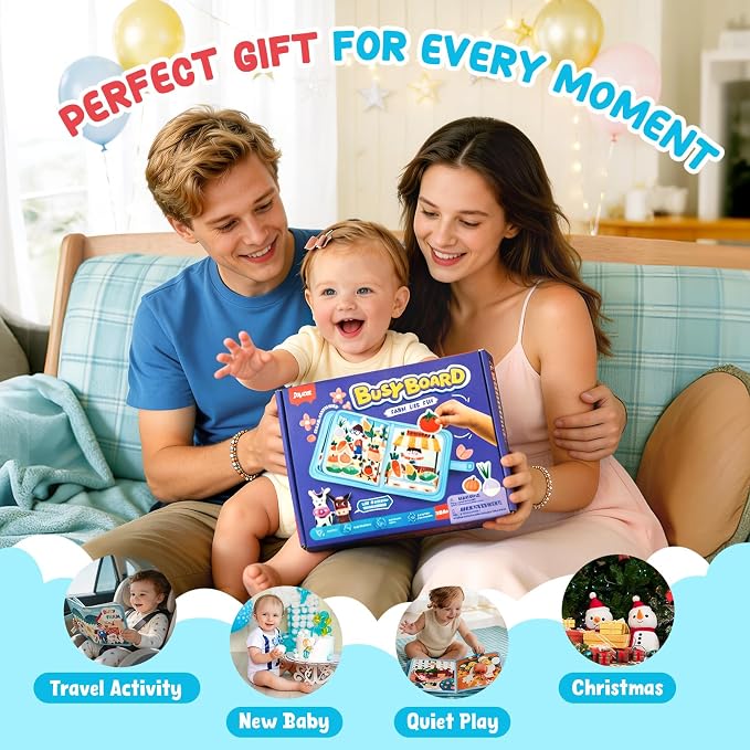 JoyCat Farm Busy Book for Toddlers 1-3, 21-in-1 Montessori Travel Quiet Toy | 21-in-1 farm busy book with Montessori activities supports fine motor skills, life skills and quiet travel play