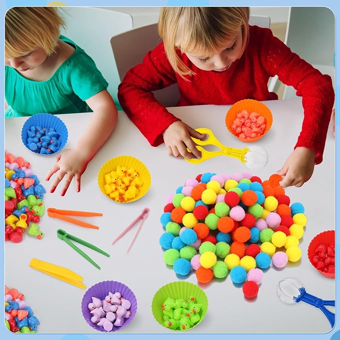 228 Pcs Colorful Sensory Bin Filler Fine Motor Toys Counting Sorting | 120Pcs Pom Pom 90Pcs Mini Resin Duck 12Pcs Sorting Cups 4Pcs Tweezers 2Pcs Scissors Clips for Preschool Early Education