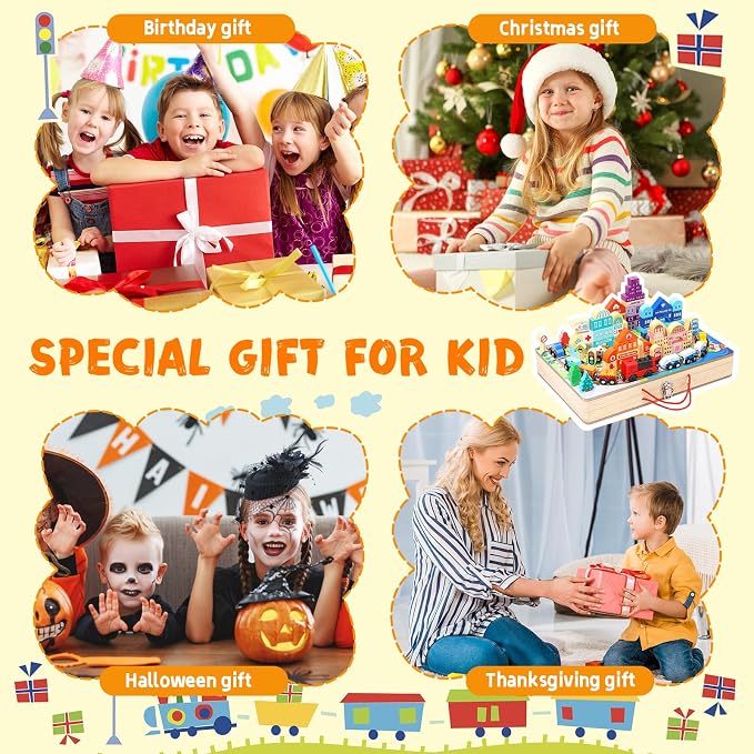 Adena Montessori Wooden Tabletop Train Set, Large, 3+ | Safe wood, 75 blocks + Train. Build tracks & city. Boosts motor, logic & creativity. Take-along tabletop. Gift 3+.
