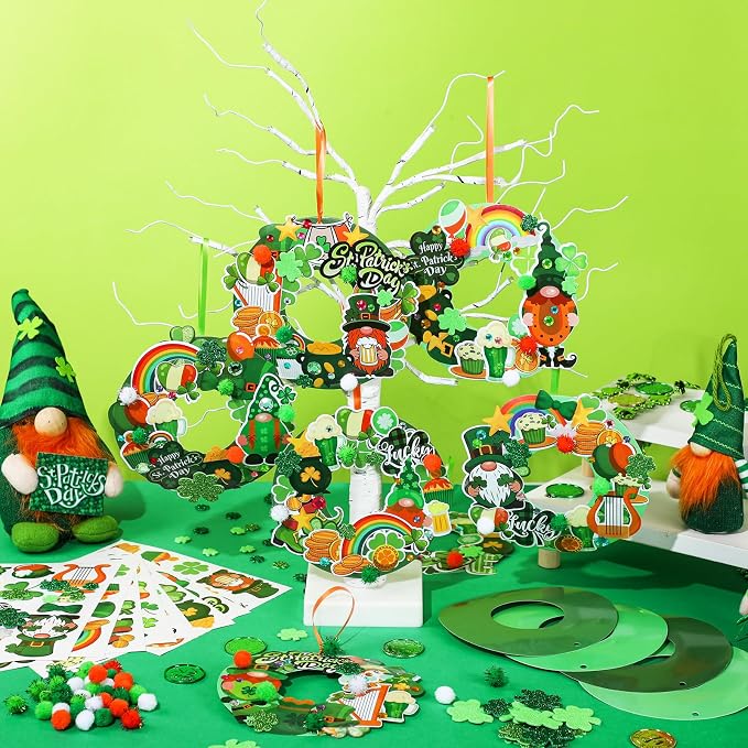 Hollowfly 48 Sets St. Patrick's Day Wreath Craft Kits | 8 Shamrock and Leprechaun Designs, 5.91 in Paper Wreaths with Pom-Poms and Stickers, Crafts for Home, Classroom and Parties