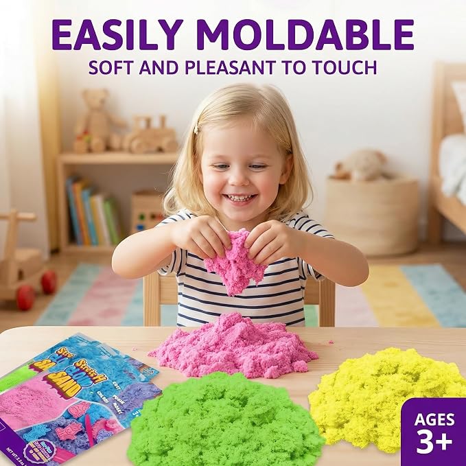 Carolart Stretchy Sensory Sand, Soft Cloud Sand, Play Sand Refill for Kids | Soft Clay Texture Moldable Sand toys for kids, Mess-free sensory play set with 5 colors, sensory bin filler for kids ages 3+