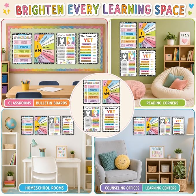 Growth Mindset Posters for Classroom, Set of 4 Large 11x17 Growth Mindset Classroom Decor, Voice Levels Poster, Change Your Words, Power of Yet & Positive Affirmation Mindset Poster