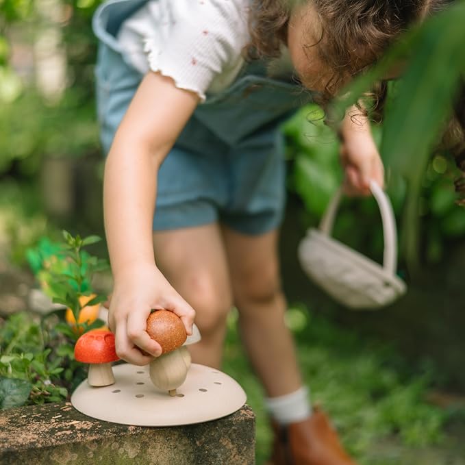 PlanToys® Wooden Play & Pick Mushrooms Toy Kids Garden Learning Playset | wooden mushroom play pick set, montessori imaginative sensory, fine motor coordination, color sorting, garden pretend, kids