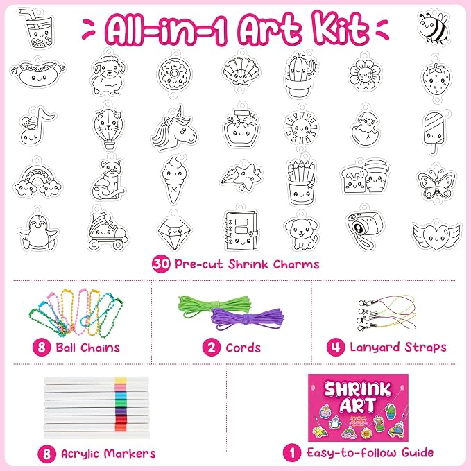 Piano Potato DIY Shrinking Art Kit for Kids - 30 Pre-Cut Shrink Plastic Sheets & Keychain Making Kit, 8 Acrylic Markers, Charms, Bracelets, No Mess Creative Activity, Birthday Gift for Girls Ages 6+