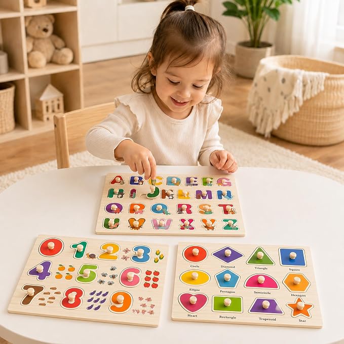 Wooden Peg Puzzles for Toddlers, 3 Pack Large Wooden Knob Puzzles for Ages 3-5, Montessori Shape Matching Toys, Preschool Learning Puzzles for Fine Motor Skills, Birthday Gifts for Boys Girls 3 4 5