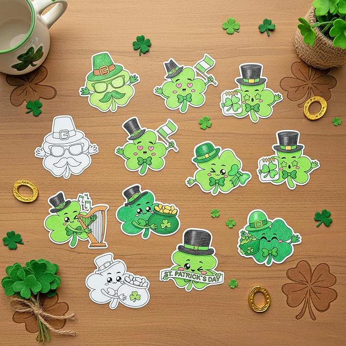 X1zuue 30Pcs St. Patrick's Day Color Your Own Magnets Art Crafts for Kids | Lucky Clover Cute Face Blank Coloring Magnets for Holiday Irish Party School DIY Activities Fridge Whiteboard Decor Supplies