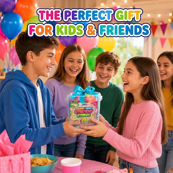 Fidget Sensory Stretchy Toys for Kids, 24-Pack Textured Stretch Noodles with Storage Bucket, Sensory Toys for Autism Stress Relief, Quiet Calm Down Gifts for Classroom Prizes Party Favors, Travel Toys