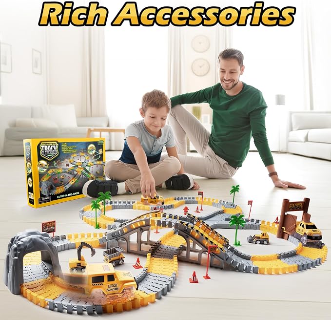 264 PCS Construction Race Tracks for Kids Toys, Flexible DIY Track Set | Glow in The Dark Magic Toy Set, 2 Light Up Cars Track, 3 Construction Cars, Birthday Gift for Age 3-9 Boys Toddler Girls