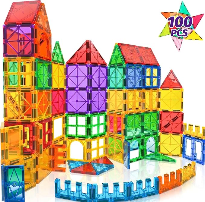 100pcs Magnetic Tiles for Kid Age 3+ Magnetic Blocks Toddlers Toys | Sensory Toy 4 5 6 7 Year Old Boys Girls, Educational Magnet Building Block Christmas Birthday Gift Toys for Kids Ages 4-8 3-5