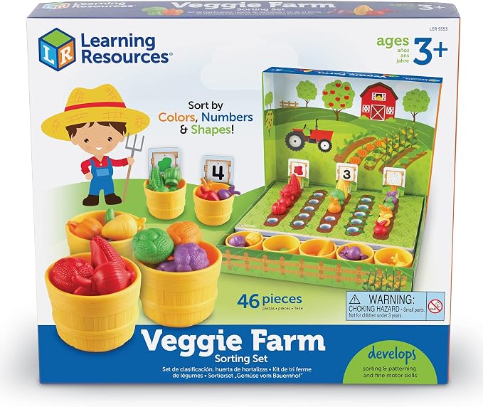Learning Resources Veggie Farm Sorting Set - 46 Pieces, Ages 3+ Toddler Learning Toys, Preschool Toys for Color Sorting, Food Sorting Game