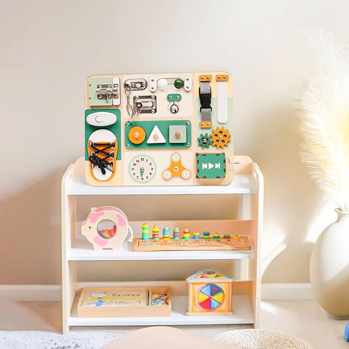 Montessori Busy Board for Baby & Toddlers 1-3 | Wooden Sensory Activity Board with 13 Activities, Real Metal Locks & Latches | Fine Motor Skills Educational Toy for 1 2 3 Year Old