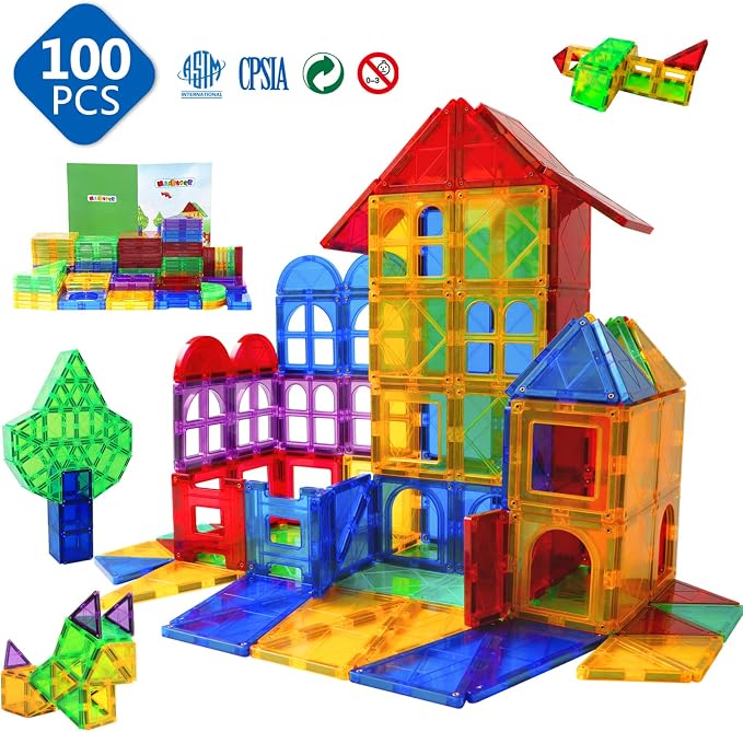 MAGBLOCK 100 Piece Magnetic Tiles,Building Blocks for Kids 3+ | Magnetic Blocks Preschool Building Sets Educational Toys for Kids Boys and Girls,shape & color recognition