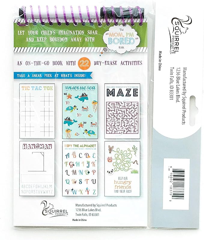 Squirrel Products Mom, I'm Bored Children's Activity Book, Fun Reusable Dry Erase Toy - Roadtrip Essentials, Word Games, Screen Free Activites for Kids Ages 3 and Up - Original Version