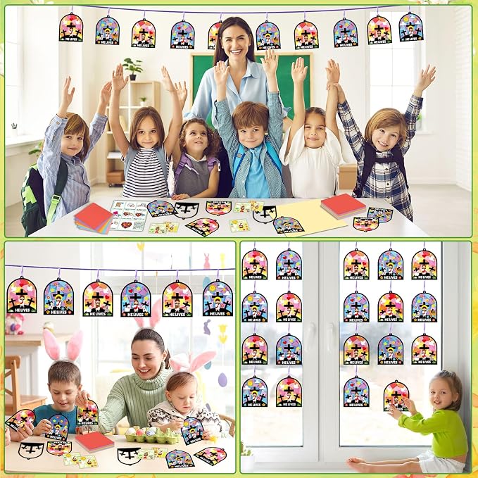 Qyeahkj 36 Set Easter Jesus Cross Suncatchers Crafts for DIY Christian Religion Cross Window Tissue Paper Craft Kit Hanging Decor for Home Activity Art Project Birthday Party Favor